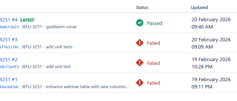 3251#3 3251 #2 3251 #1 Status Updated 3251#4 LATEST 3edc53e23 JEFU-3251 - goddamn sonar &bull; Passed 20 February 2026 09:40 AM sf7e1278c JEFU-3251 - add unit tests Failed 20 February 2026 09:09 AM 19c71e4f2 JEFU-3251 - add unit test Failed 19 February 2026 10:28 PM 34a1665dc JEFU-3251 - enhance webinar table with new columns.... Failed 19 February 2026 09:11 PM